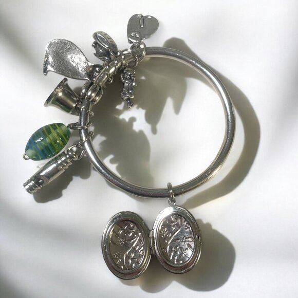 Vintage Silver Cat Charm Bracelet With Hinged Oval Locket Green Glass Bead - Picture 5 of 6